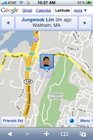 잘아시는 구글래티튜드입니다. 제 사무실 위치가 정확하게 잡힙니다. Cell Tower방식으로 할때보다 Wifi Positioning이 정확도가 휠씬 높습니다.