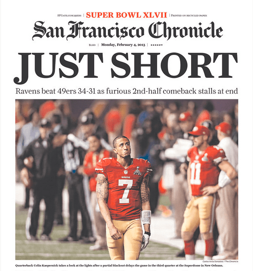 49ers의 석패소식을 전하는 SF크로니클.