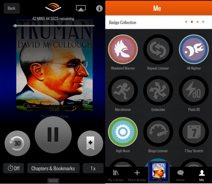 Audible의 아이폰앱화면. 앱에서 구매한 오디오북을 다운받아서 바로 들을 수 있다. 많이 들으면 마치 게임처럼 배지를 준다.