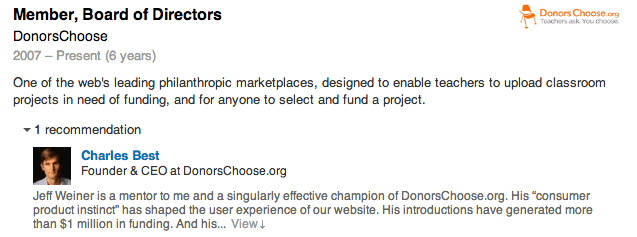 제프 위너의 경력중 동료가 그에 대해 쓴 추천글.