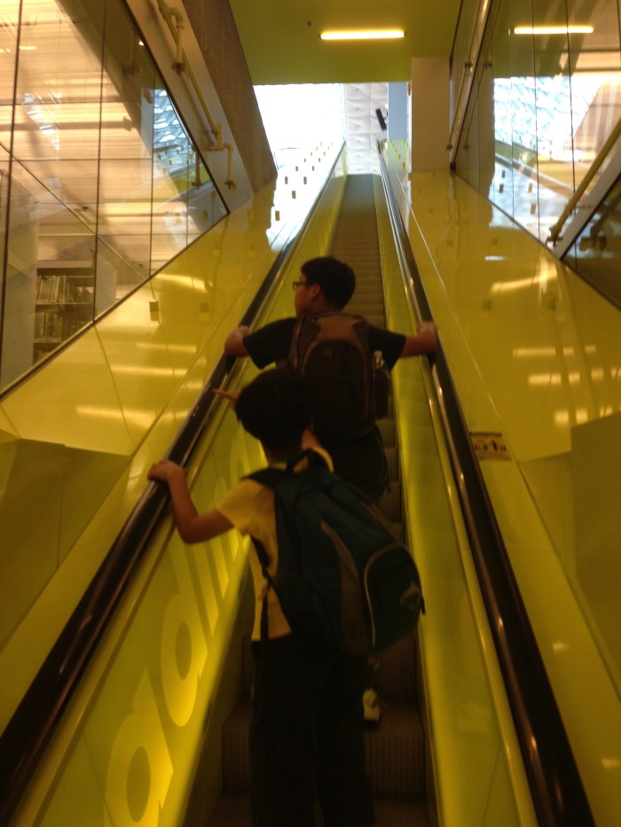 5층부터 10층까지 연결하는 일직선으로 된 긴 에스칼레이터.