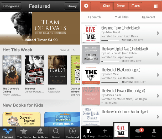 언제 어디서나 원하는 책을 바로 사서 볼 수 있는 아이북스스토어(US), 오른쪽은 오디오북을 사두었다가 언제든지 들을 수 있는 Audible app.