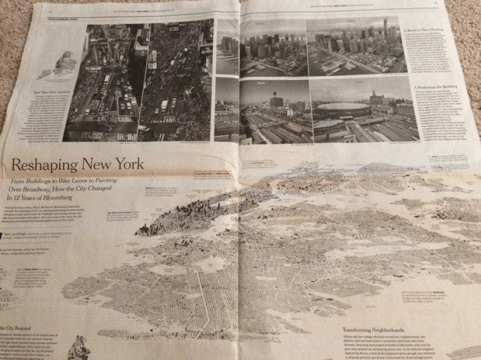 마이클 블룸버그가 뉴욕시장으로 재임한 12년간 뉴욕시가 얼마나 변모했는가를 보여주는 기사.