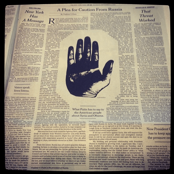 푸틴의 기고문이 실린 9월12일자 NYT Op-ed면.