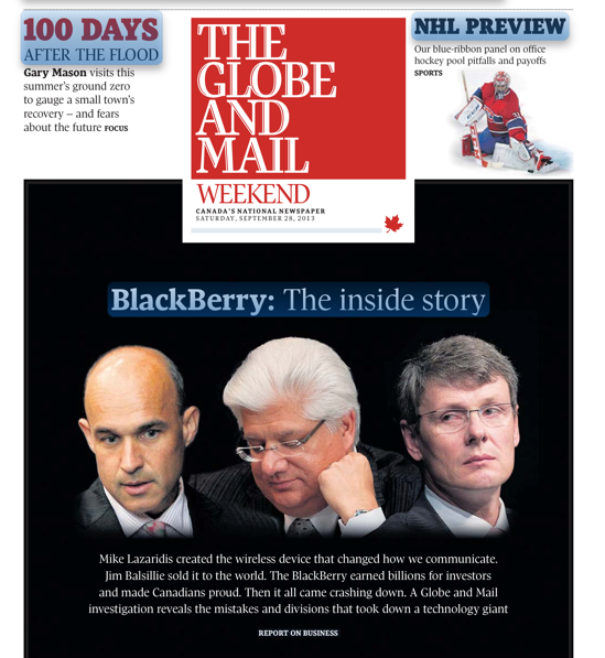 9월28일자 더 글로브앤메일 1면. 왼쪽부터 블랙베리 공동창업자인 짐 발실리와 짐 라자리디스 그리고 현 CEO인 토스텐 하인즈.