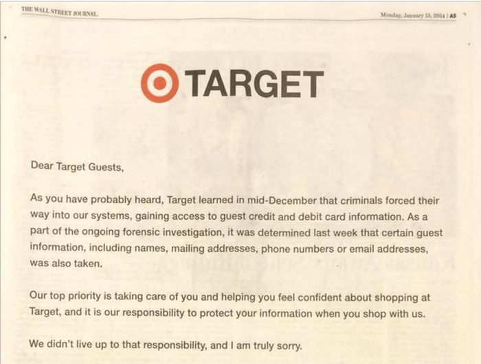 NYT, WSJ에 실린 타겟의 사과광고. 카드정보유출로 물의를 빚었었다.