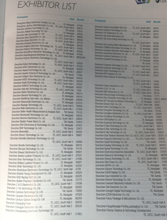 한페이지에 거의 1백개가까운 참가회사가 소개된 CES공식안내서. Shenzhen으로 이름이 시작되는 회사명이 자그마치 4페이지였다.