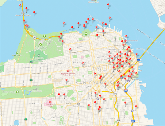 iPhoto에서 본 샌프란지도. 주로 내가 사진을 찍은 위치들이 보인다. 스타트업들이 있는 곳이 많다.